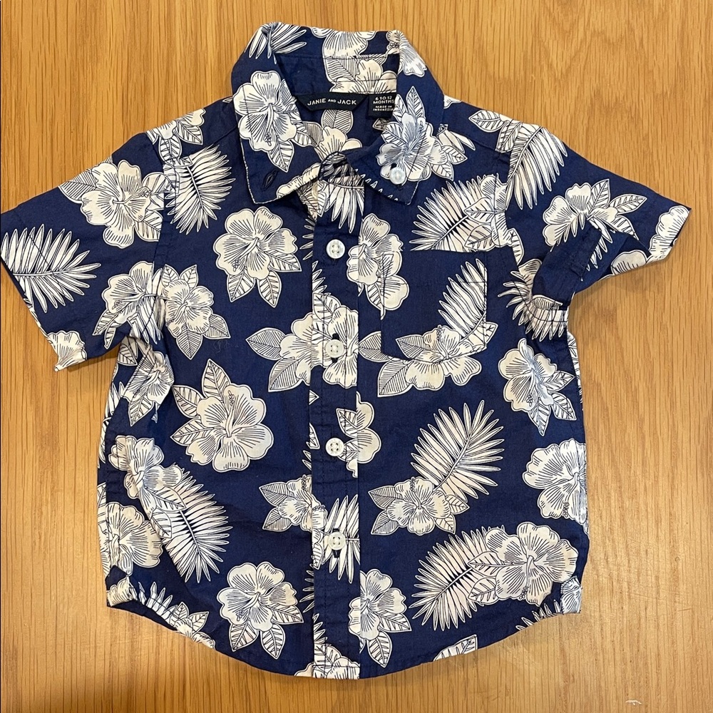 Janie and Jack Navy and White Floral Button Down Shirt